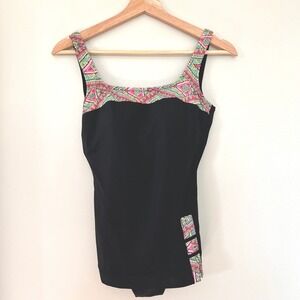 A Shore Fit Womens One Piece Swimsuit Black Geometric Tribal Print Size 8 885031